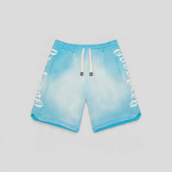 CLB XXIII Godspeed CourtSide shorts in cloud blue cotton with white side logo lettering and drawstring waist