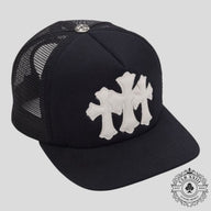 Chrome Hearts Pony Hair Cemetery Cross Trucker Hat in Black