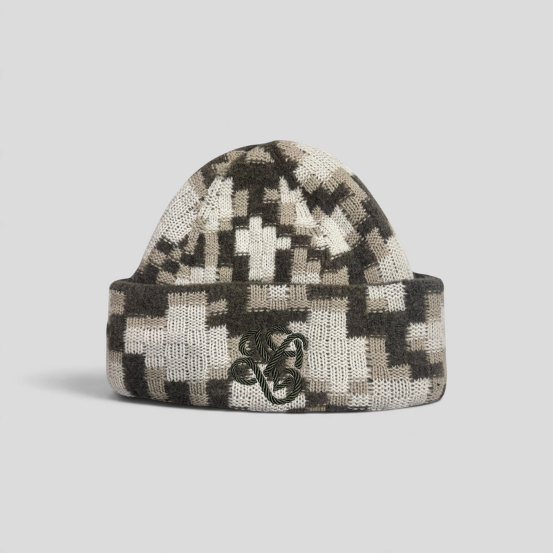 CLB XXIII Louis Vuitton LV Crush Snakoflage beanie in green and white pixelated knit pattern with embroidered logo