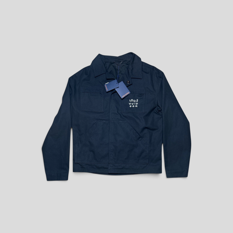 CLB XXIII Louis Vuitton black cotton overshirt jacket with white embroidered LV stitch logo and chest pockets