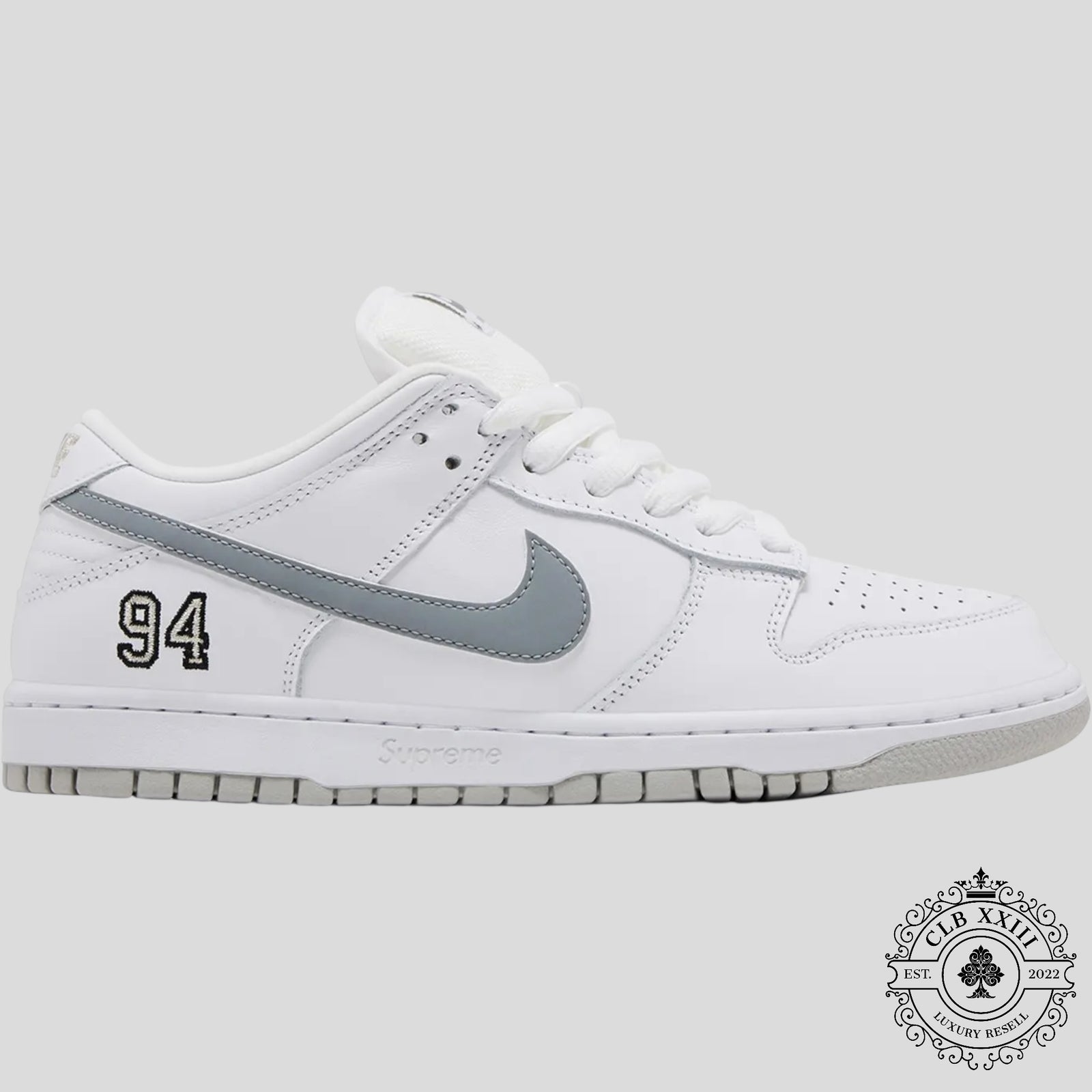 Nike SB Dunk Low Supreme 94 White Metallic Silver