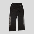 CLB XXIII black nylon mesh pants featuring white Chrome Hearts floral graphic prints and an elastic drawstring waist