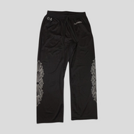 CLB XXIII black nylon mesh pants featuring white Chrome Hearts floral graphic prints and an elastic drawstring waist