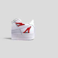 CLB XXIII Matty Boy custom white Air Force 1 sneakers featuring red sadistic lips artwork on the heel