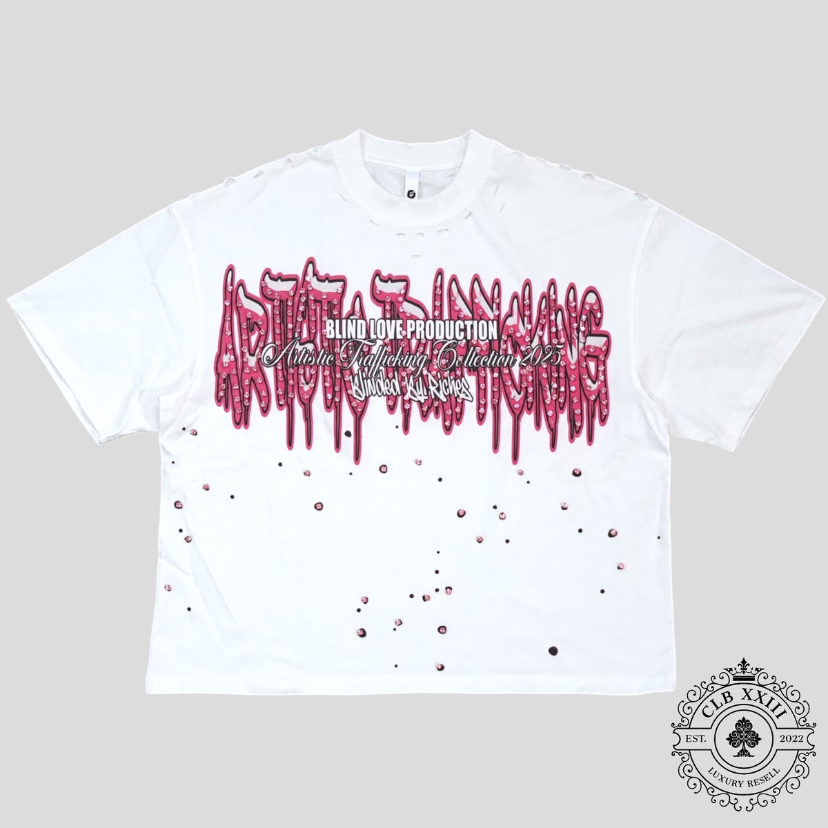 Blind Love Artistic Trafficking Rhinestone T-Shirt in White/Pink
