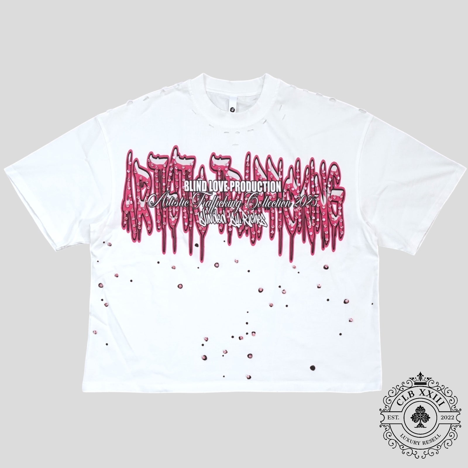 Blind Love Artistic Trafficking Rhinestone T-Shirt in White/Pink