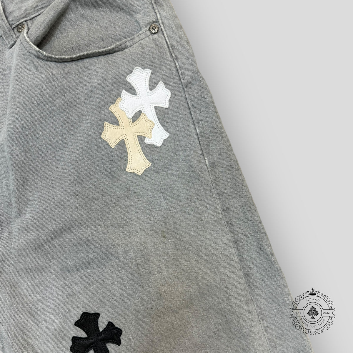 Chrome Hearts White / Cream Cross Patch Jeans
