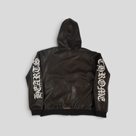 CLB XXIII black leather zip-up hoodie featuring white Chrome Hearts gothic lettering on sleeves and back view