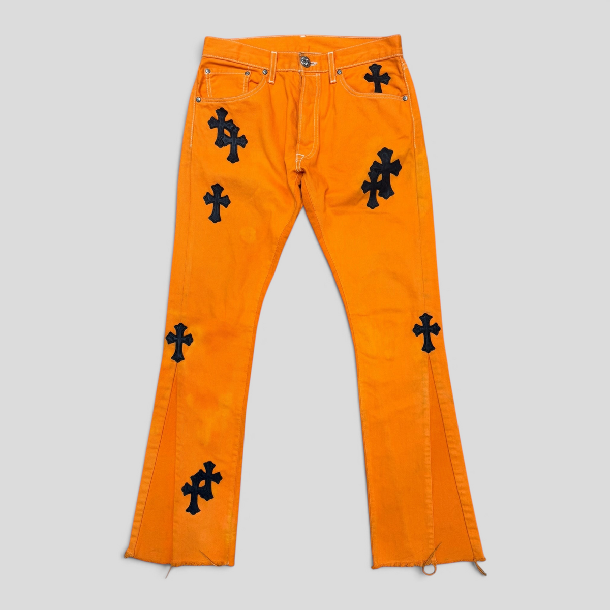 CLB XXIII orange cotton flare jeans with black cross patches and sterling silver hardware