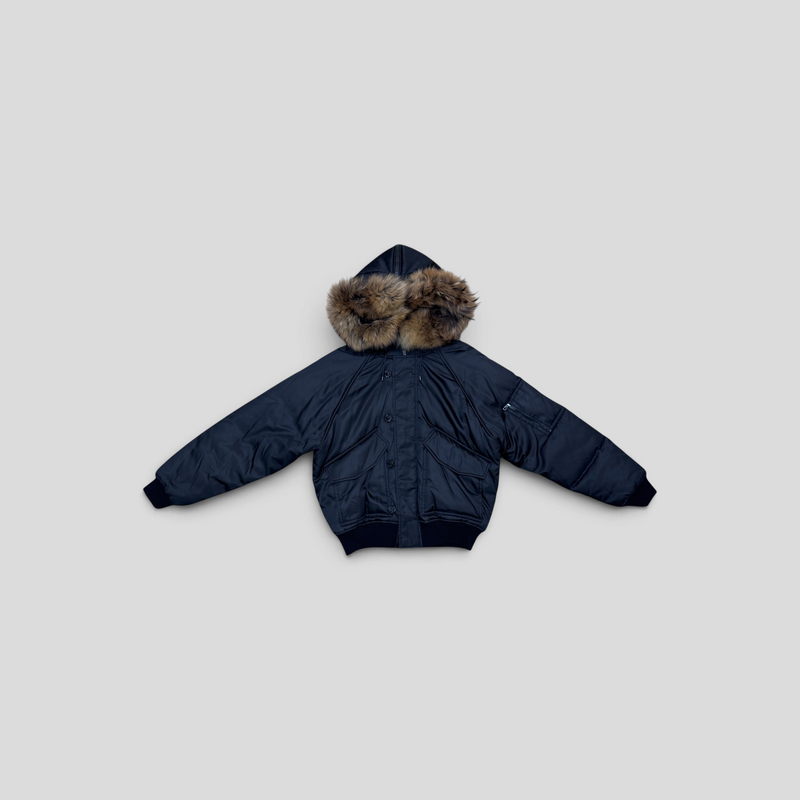 CLB XXIII Louis Vuitton x Nigo Mountain Aviator jacket in navy with a large fur-lined hood and utility pockets.