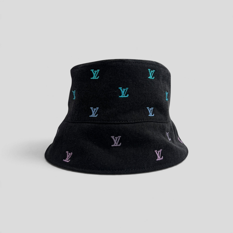 CLB XXIII Louis Vuitton reversible bucket hat in black denim with colorful embroidered monogram logos