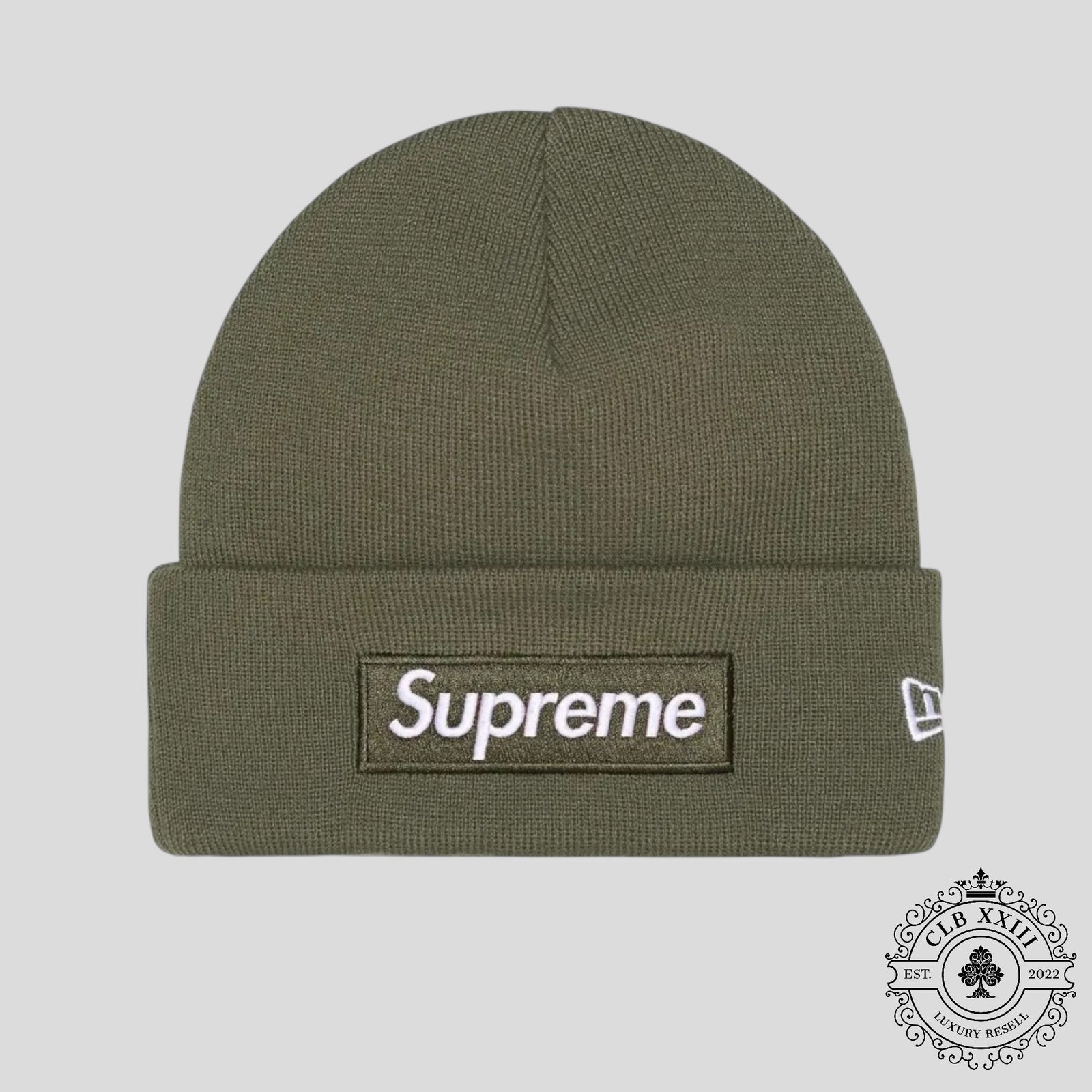 Supreme New Era Box Logo Beanie (FW25) in Light Olive