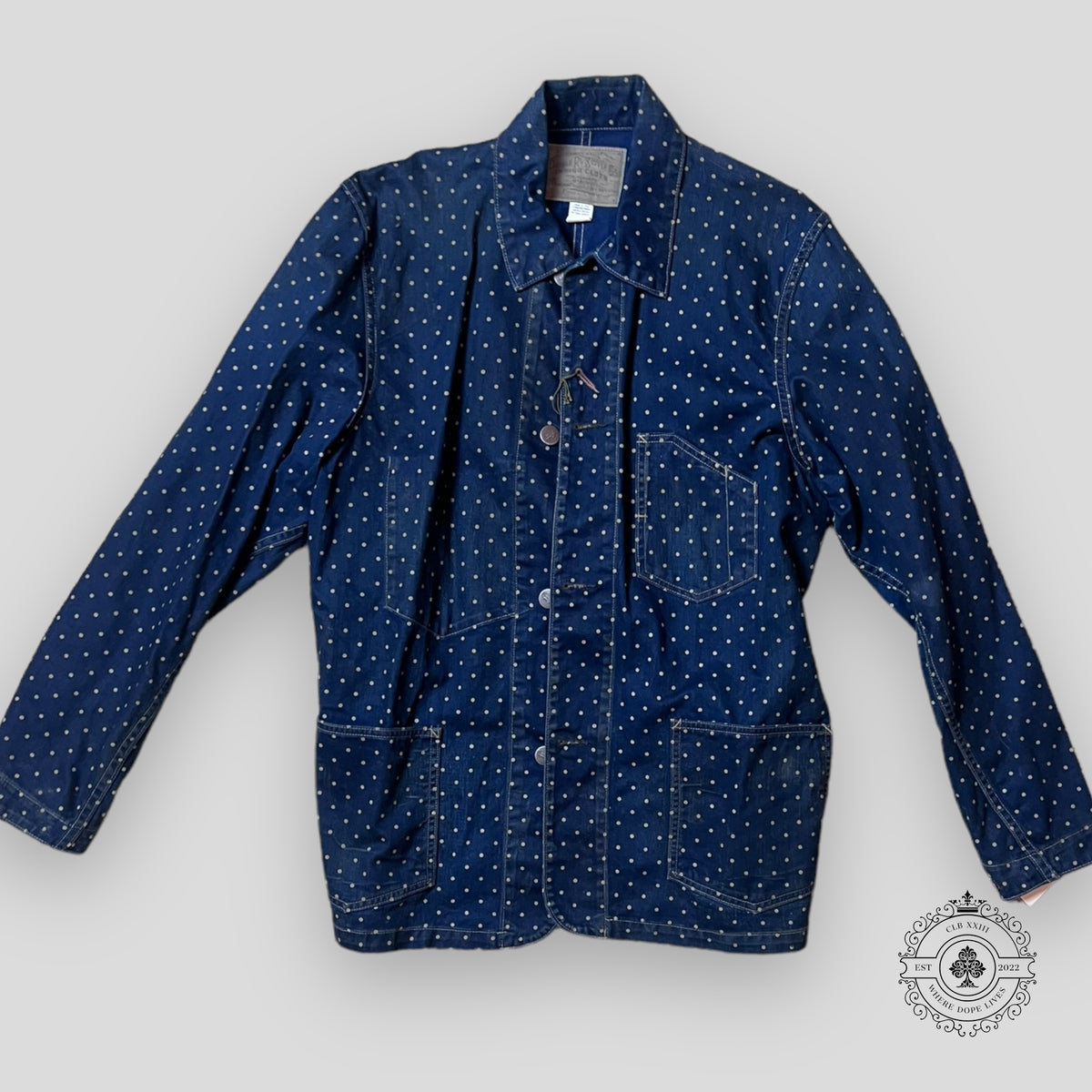 RRL Polka Dot Button Up Denim Railroad Jacket in Blue/Brown