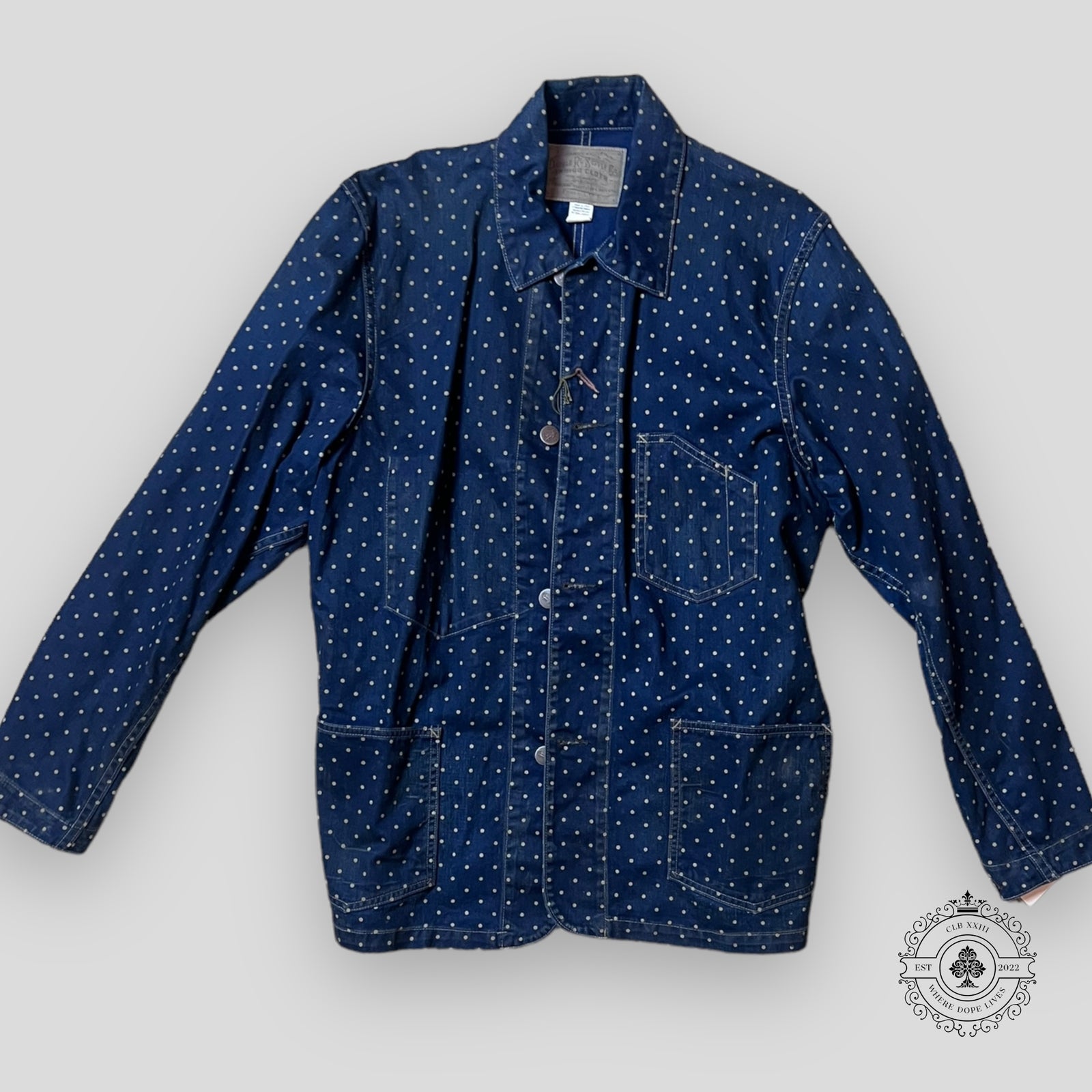RRL Polka Dot Button Up Denim Railroad Jacket in Blue/Brown