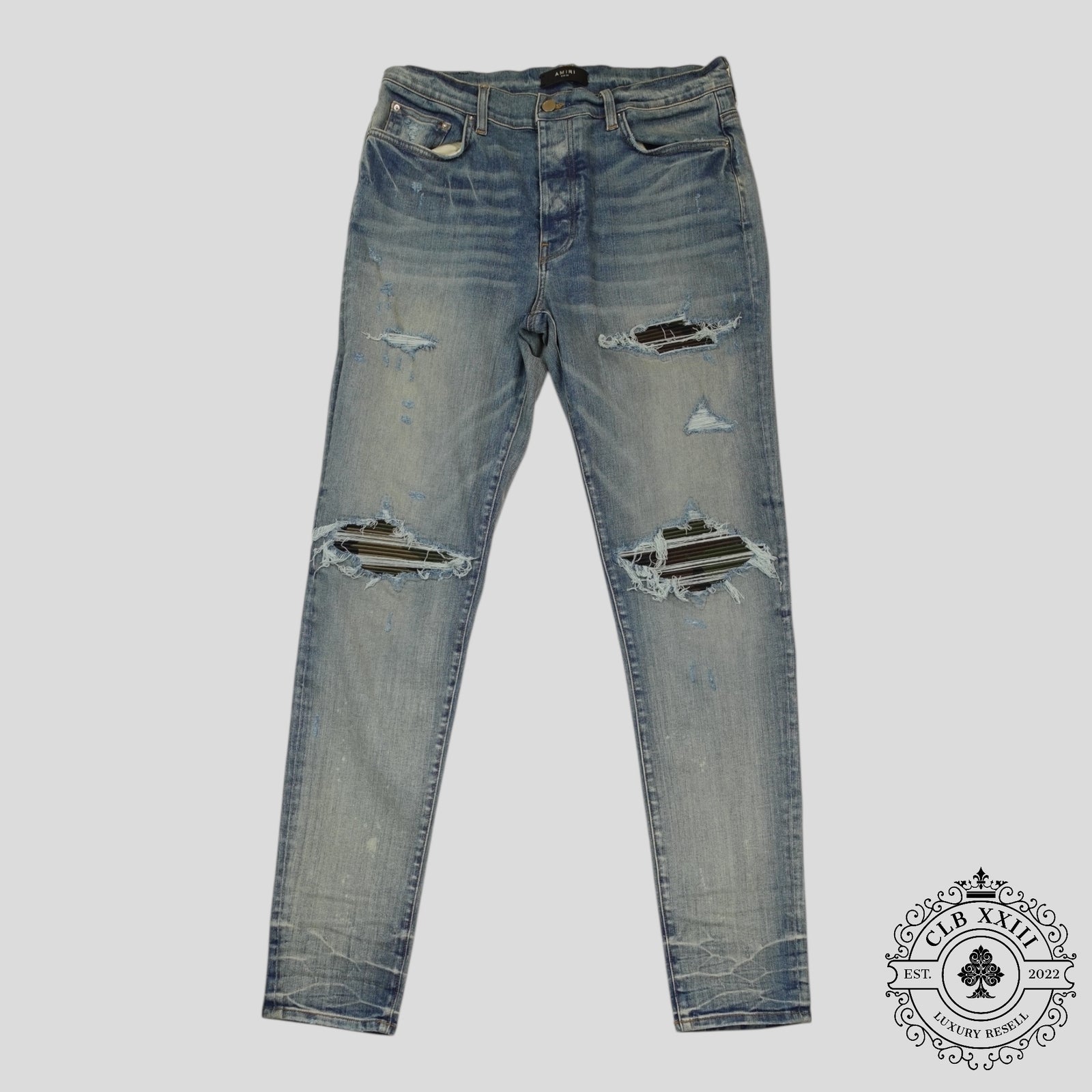 Amiri MX1 Camo Patch Jeans in Clay Indigo
