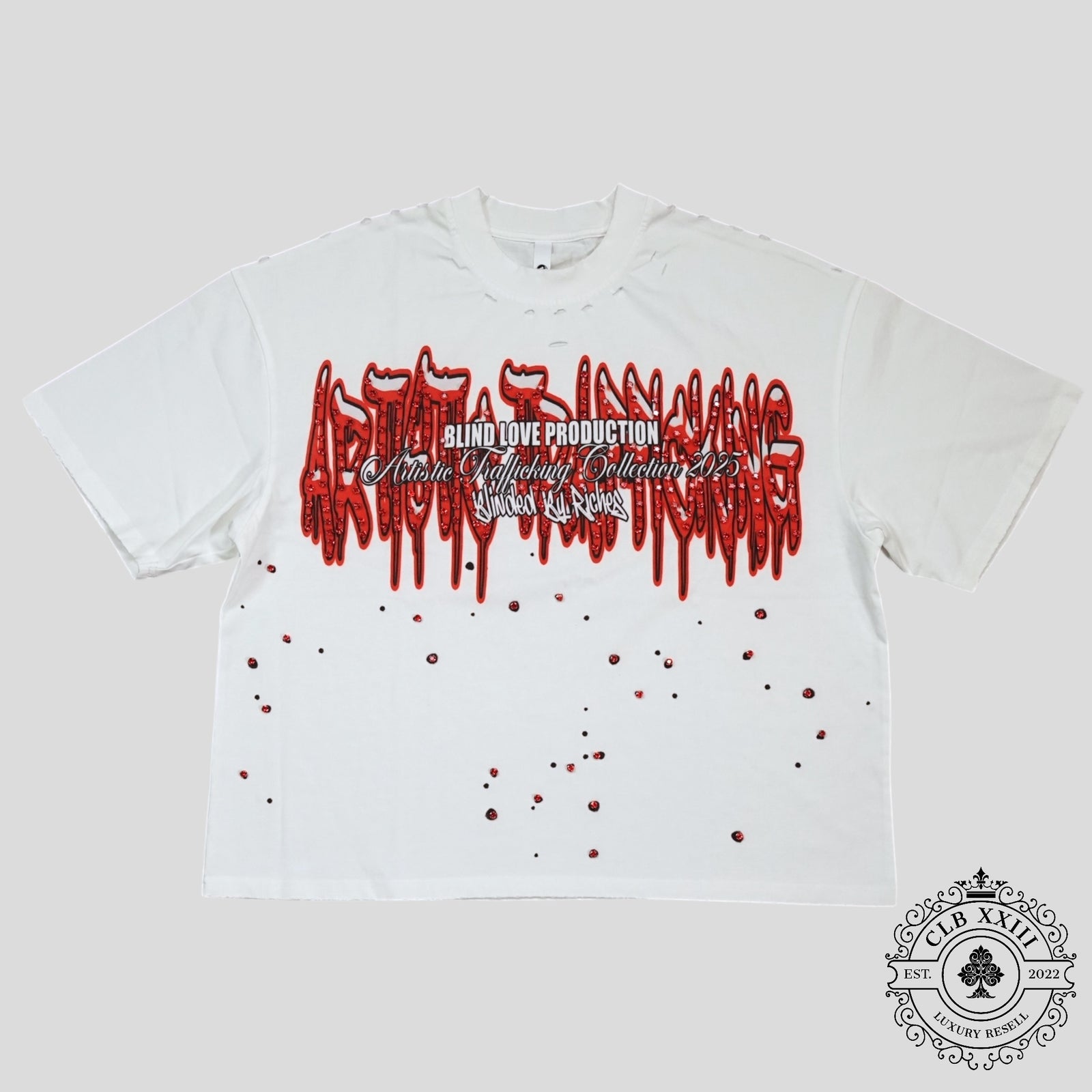 Blind Love Artistic Trafficking Rhinestone T-Shirt in White/Red