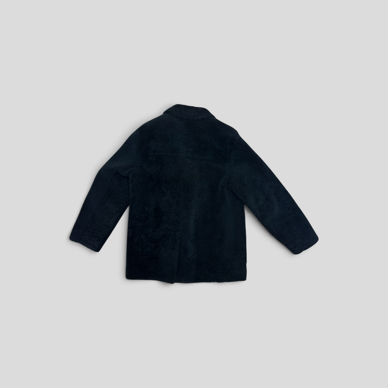 CLB XXIII Louis Vuitton brown leather and shearling business coat, back view of luxury winter outerwear.
