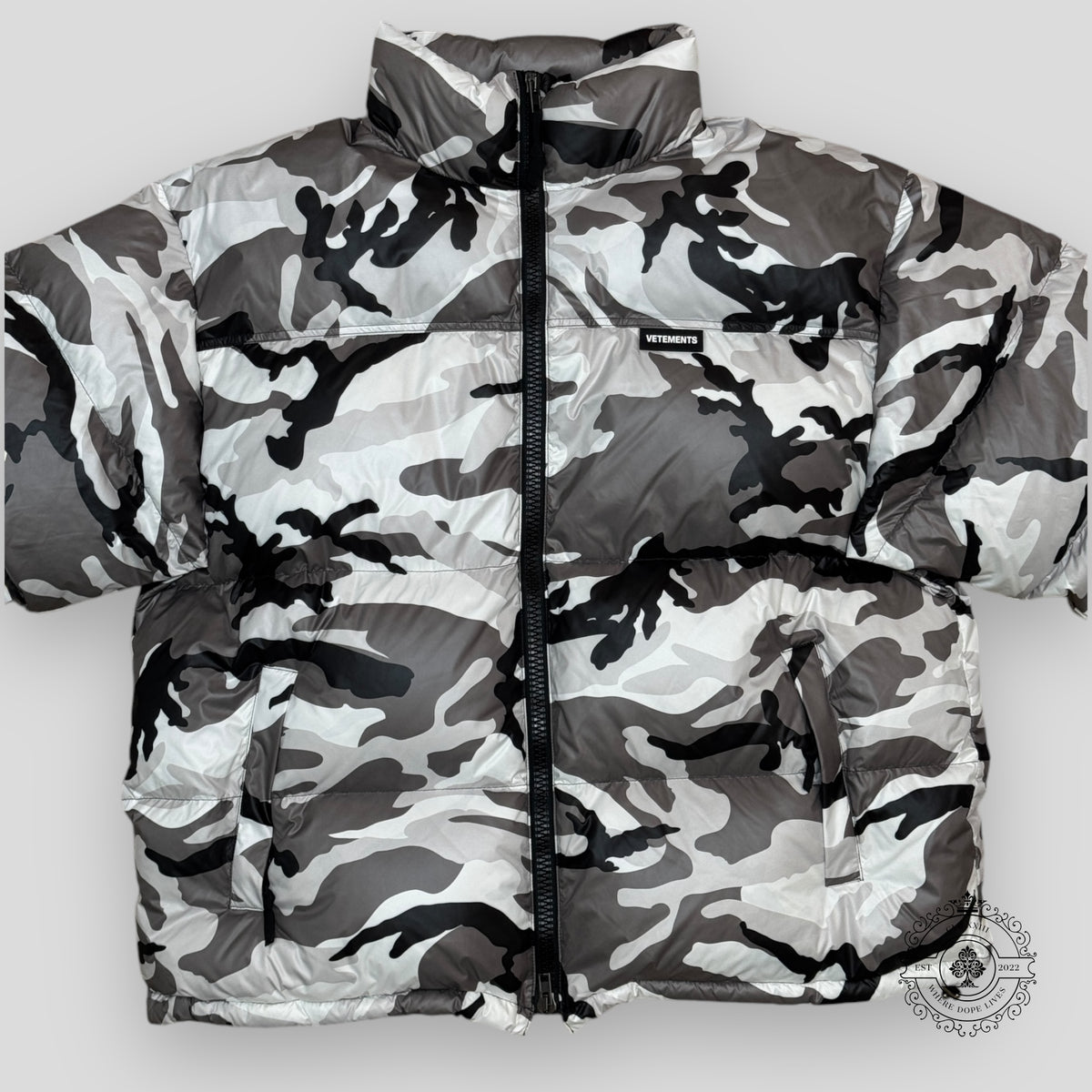 Vetements Logo Camo Puffer Jacket