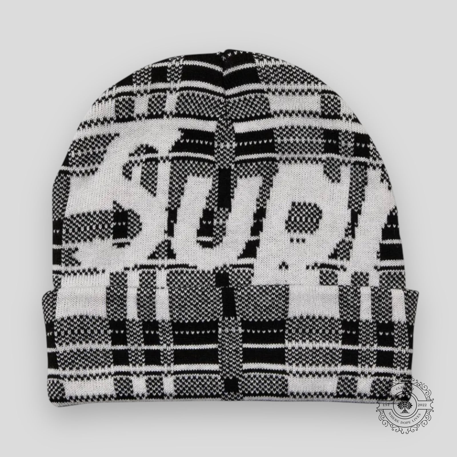 Supreme Big Logo Beanie in White Plaid