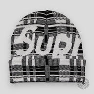 Supreme Big Logo Beanie in White Plaid