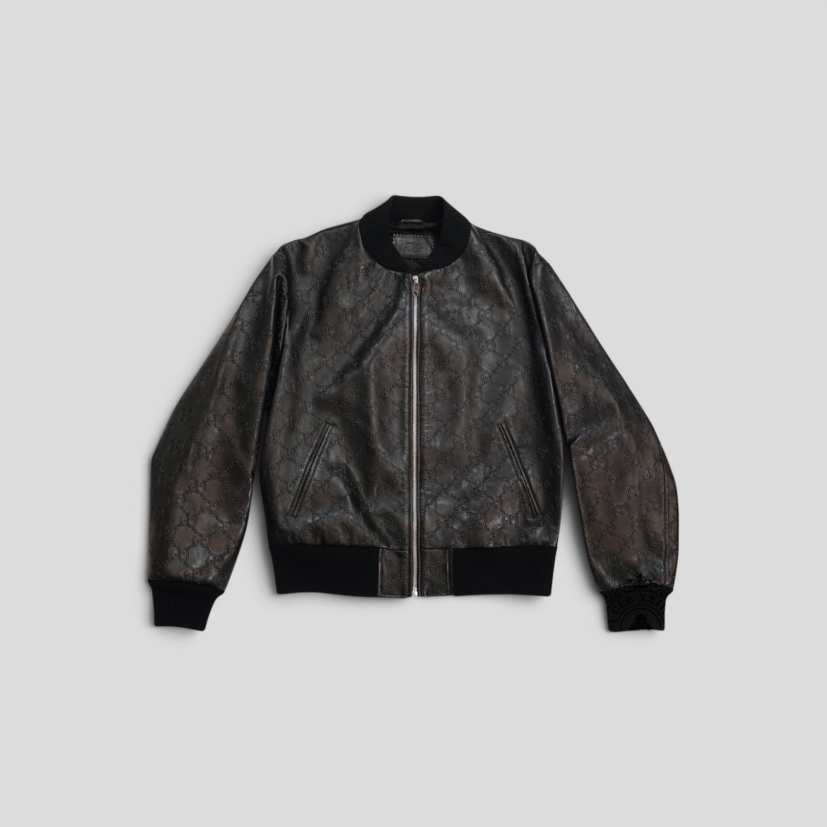 CLB XXIII black Gucci GG embossed leather bomber jacket with ribbed collar and cuffs