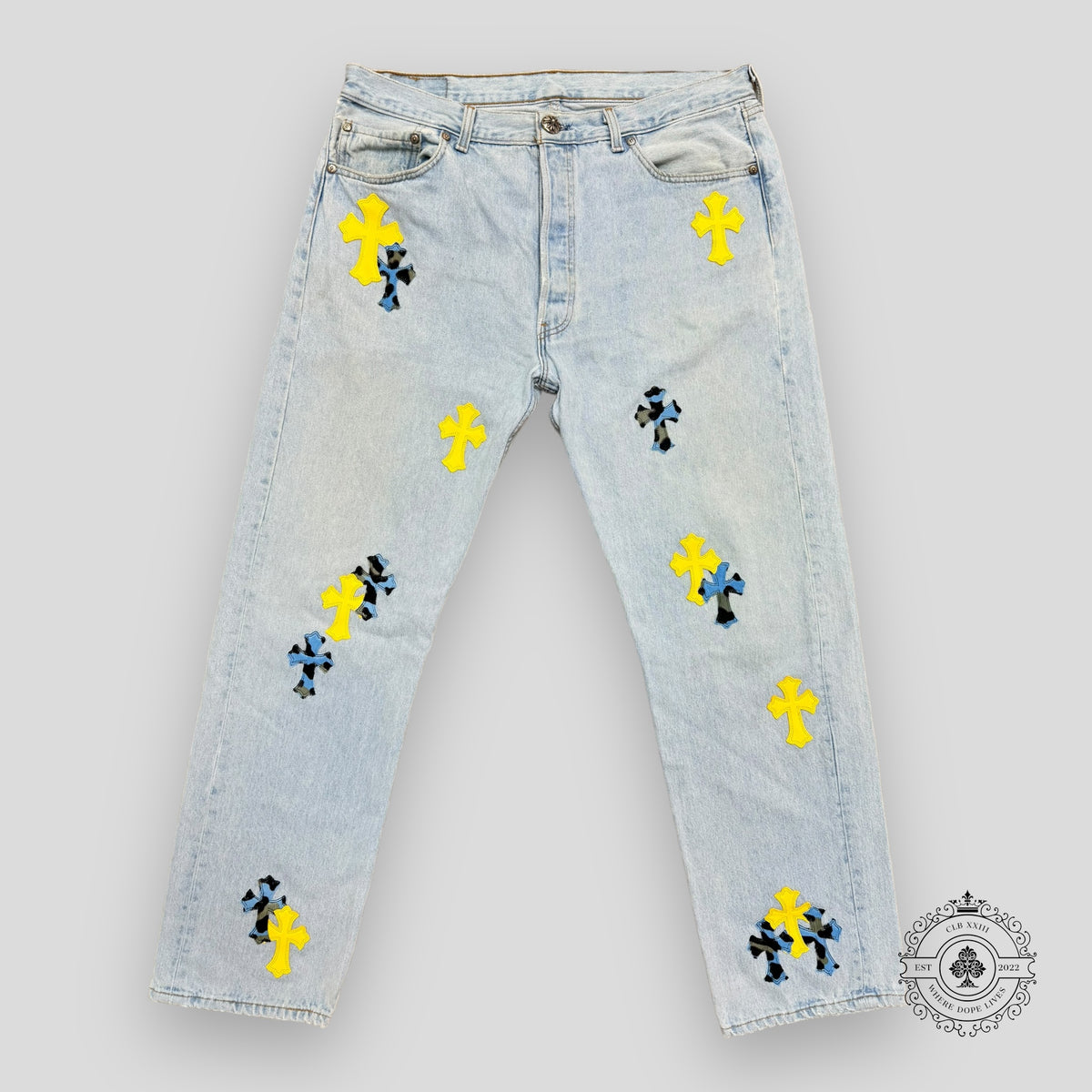 Chrome Hearts Yellow / Blue Cross Patch Jeans