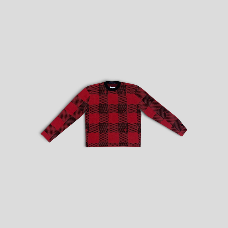 CLB XXIII Louis Vuitton Damier Buffalo wool crewneck sweater in red and black with iconic monogram pattern