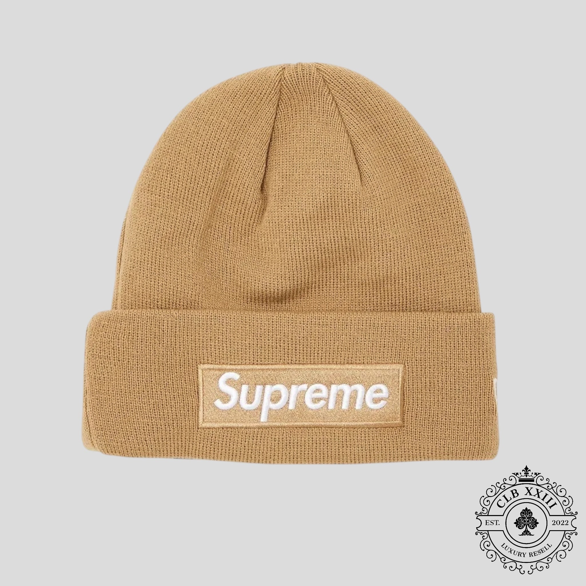 Supreme New Era Box Logo Beanie in Dark Sand