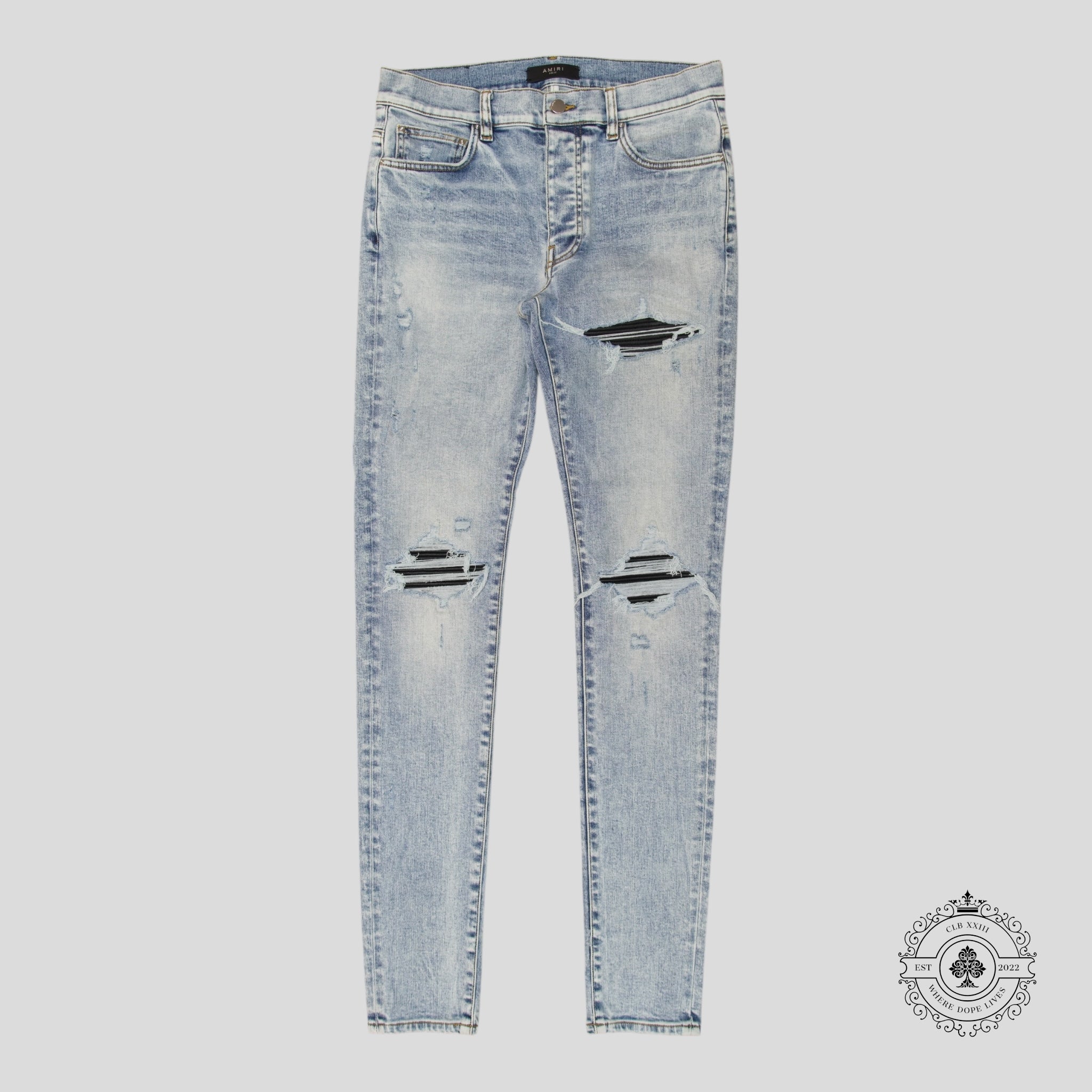 Amiri MX1 Leather Patch Jeans in Stone Indigo