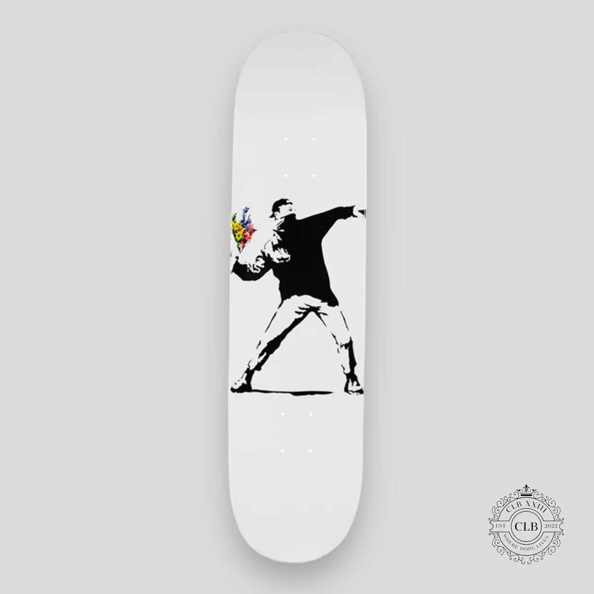 BANKSY X MEDICOM FLOWER BOMBER SKATE DECK - WHITE / BLACK