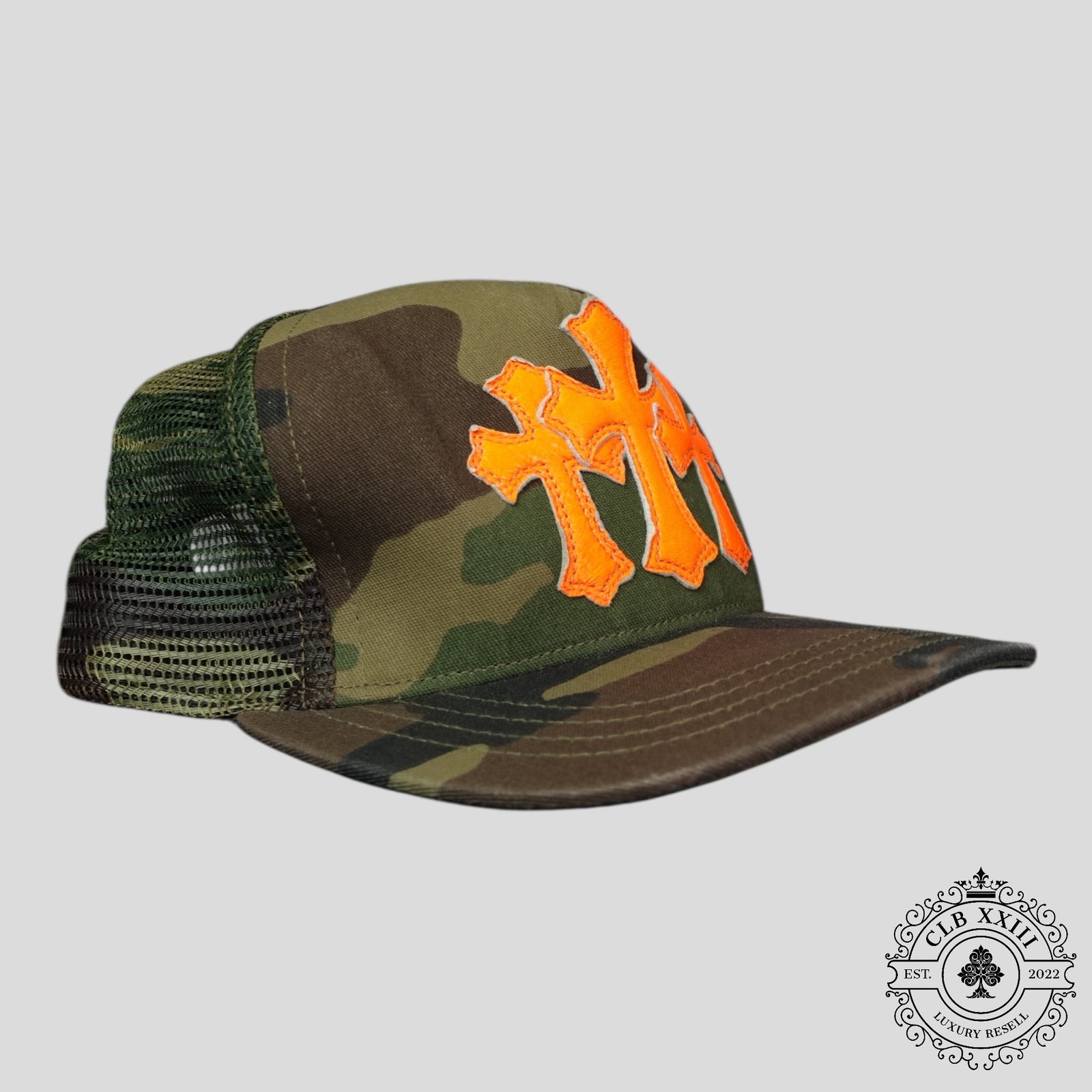 Chrome Hearts Leather Triple Cross Trucker Hat in Camo/Orange