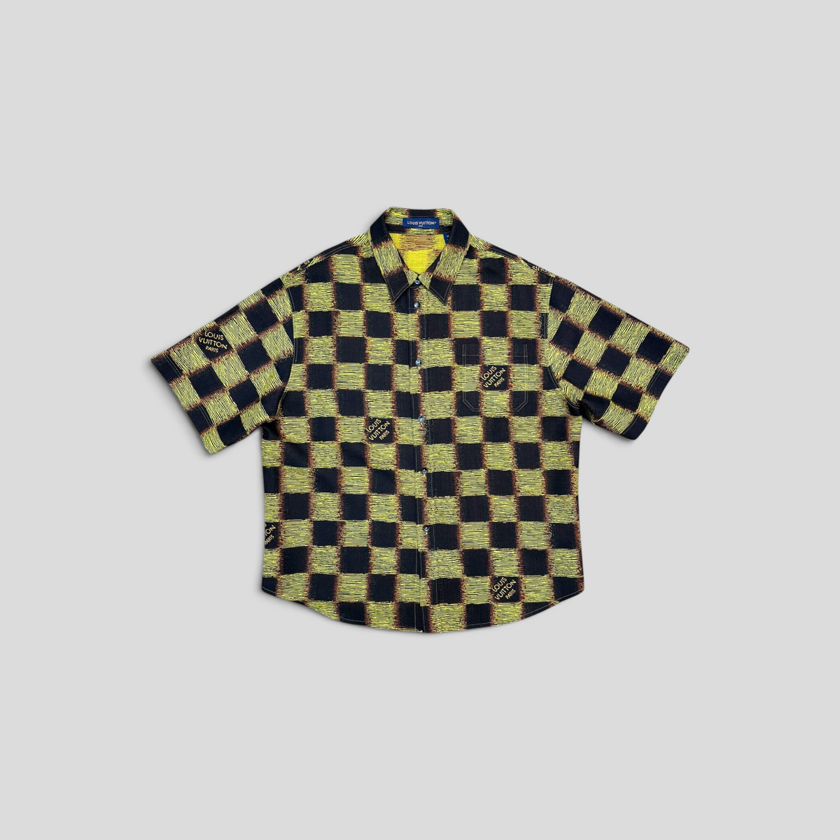 CLB XXIII Louis Vuitton short-sleeved wool shirt in black and yellow Damier check pattern with chest pocket logo