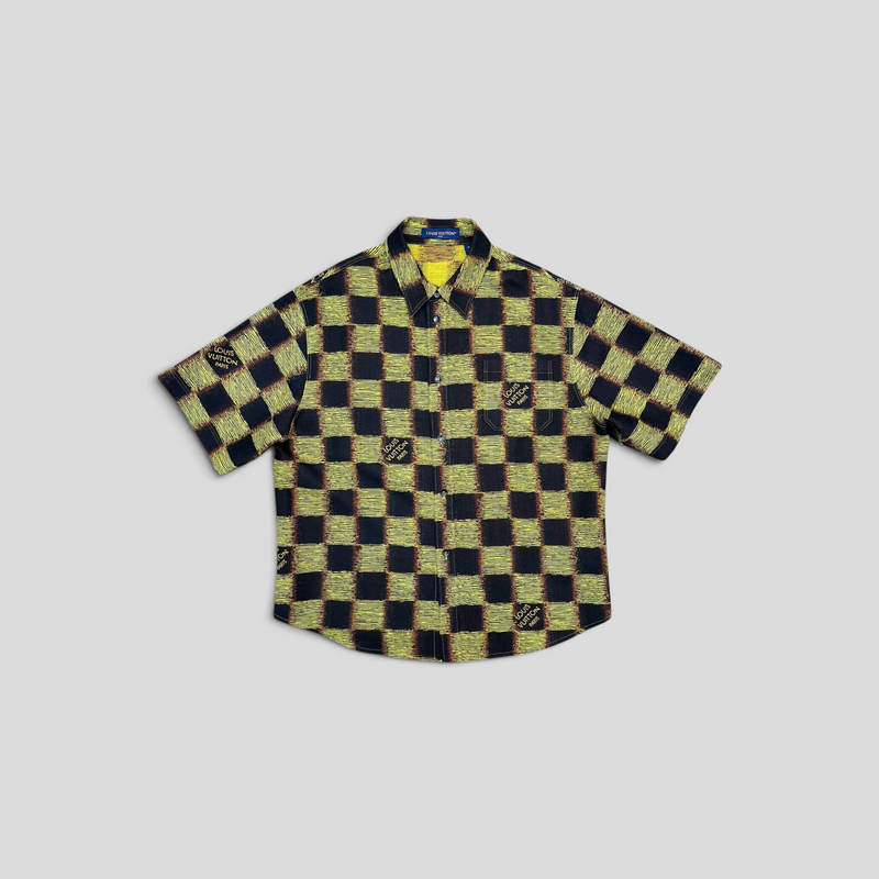CLB XXIII Louis Vuitton short-sleeved wool shirt in black and yellow Damier check pattern with chest pocket logo