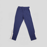 CLB XXIII Palm Angels navy polyester track pants with white side stripes and zippered cuffs, back view