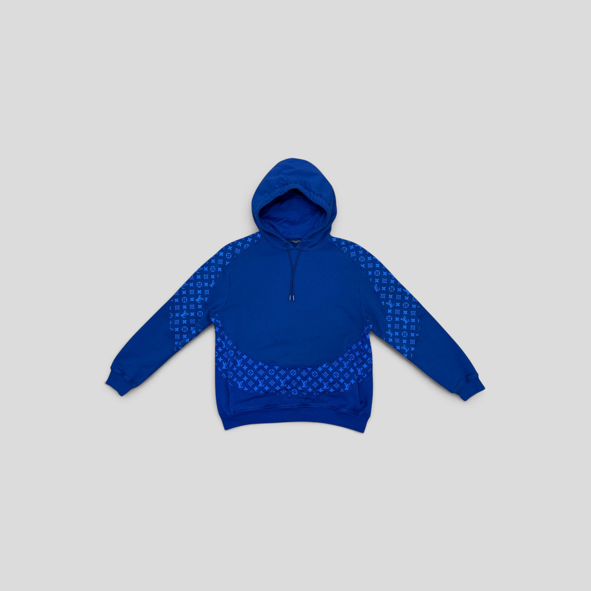CLB XXIII Louis Vuitton ocean blue cotton hoodie featuring a monogram circle cut design and drawstring hood.