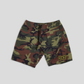 CLB XXIII Chrome Hearts camo board shorts in polyamide with a signature logo patch and lace-up front closure