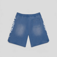 CLB XXIII Godspeed CourtSide cotton shorts in blue sun-fade with white side graphic and back pocket