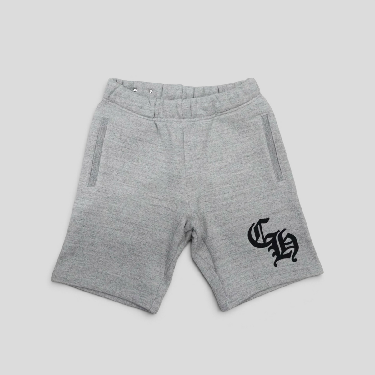 CLB XXIII Chrome Hearts Seven-11 grey cotton sweatshorts featuring black gothic logo embroidery and elastic waistband