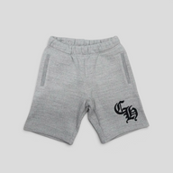 CLB XXIII Chrome Hearts Seven-11 grey cotton sweatshorts featuring black gothic logo embroidery and elastic waistband