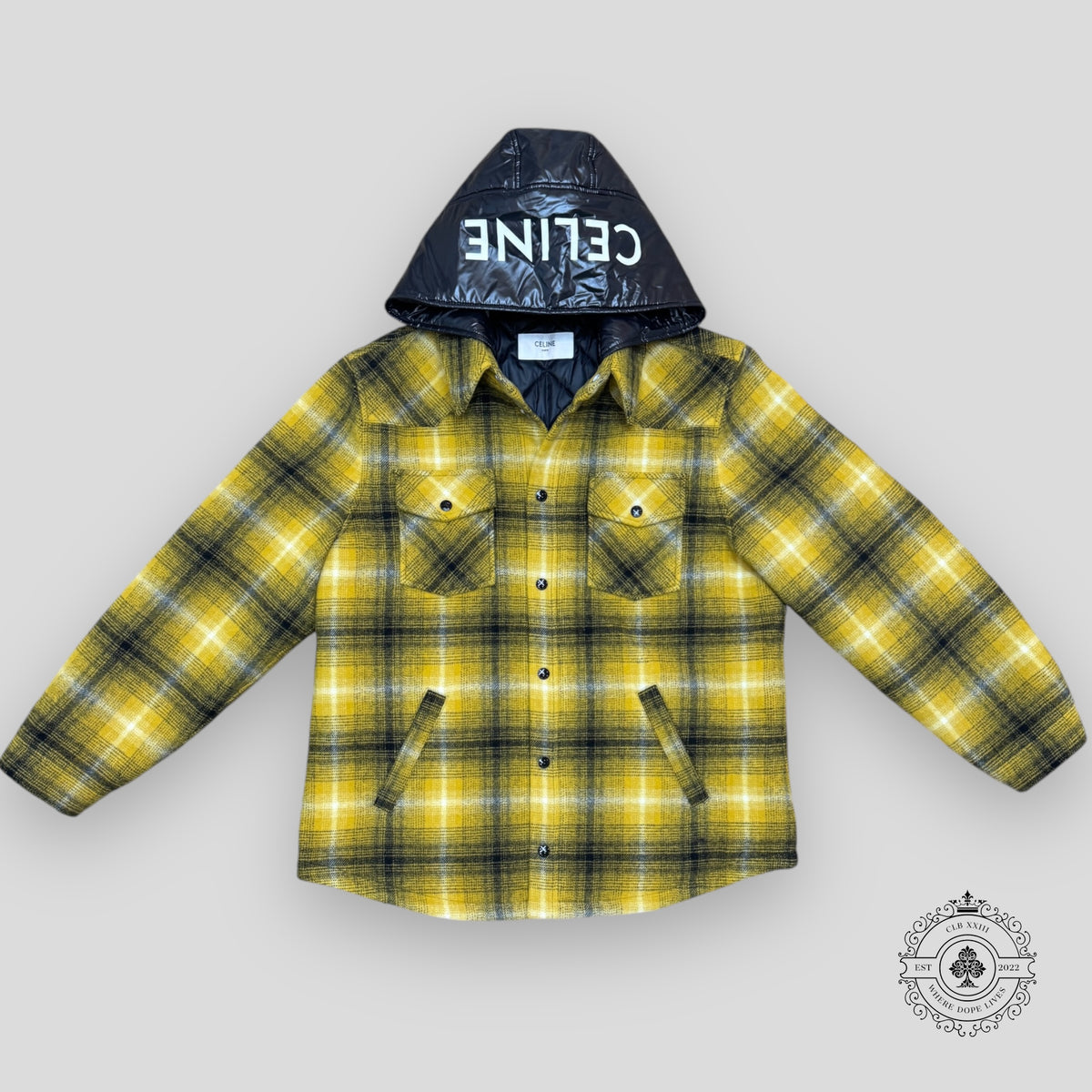 Celine Homme Logo Nylon Trim Flannel Hooded Overshirt in Yellow
