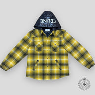 Celine Homme Logo Nylon Trim Flannel Hooded Overshirt in Yellow