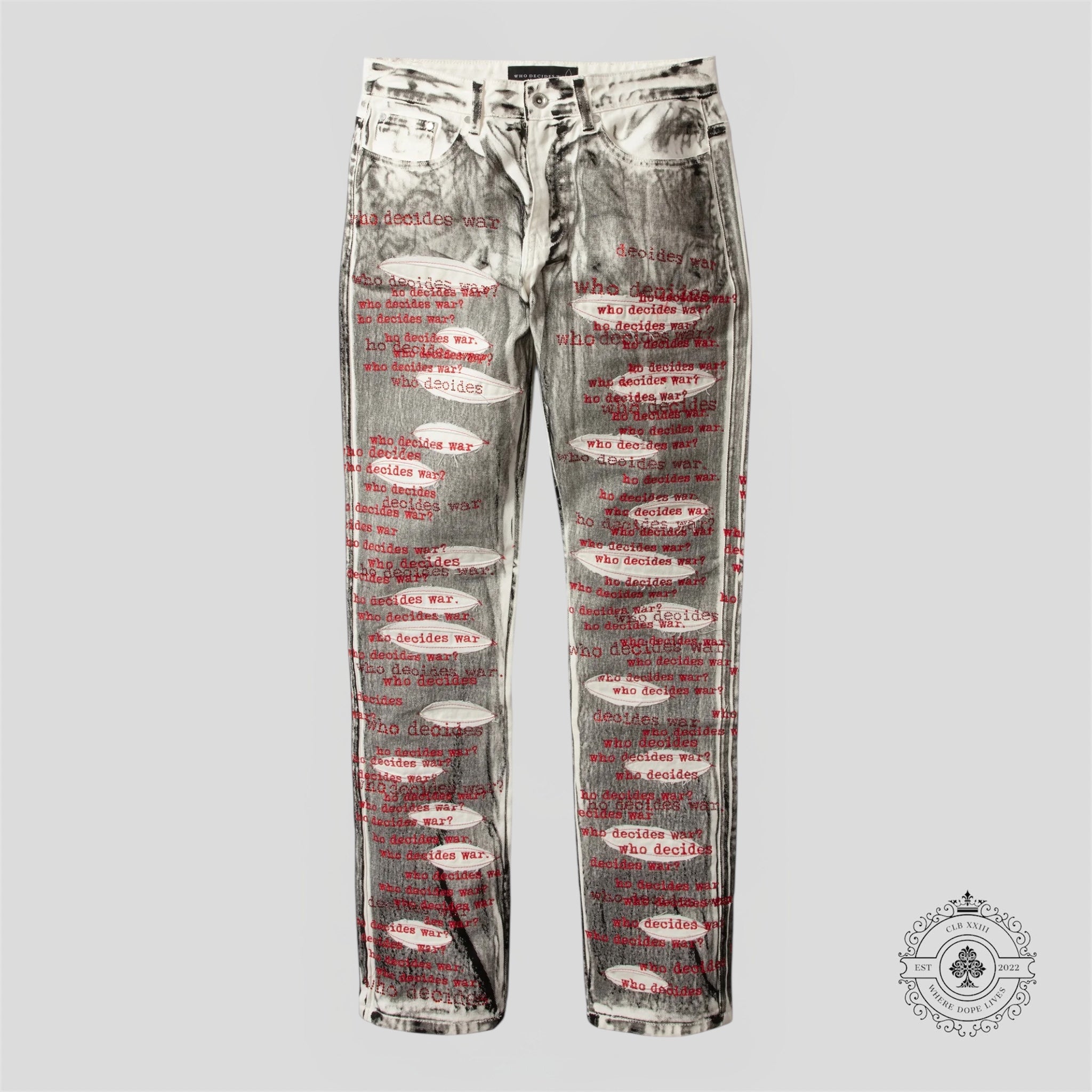 Who Decides War Flocked Scripture Denim