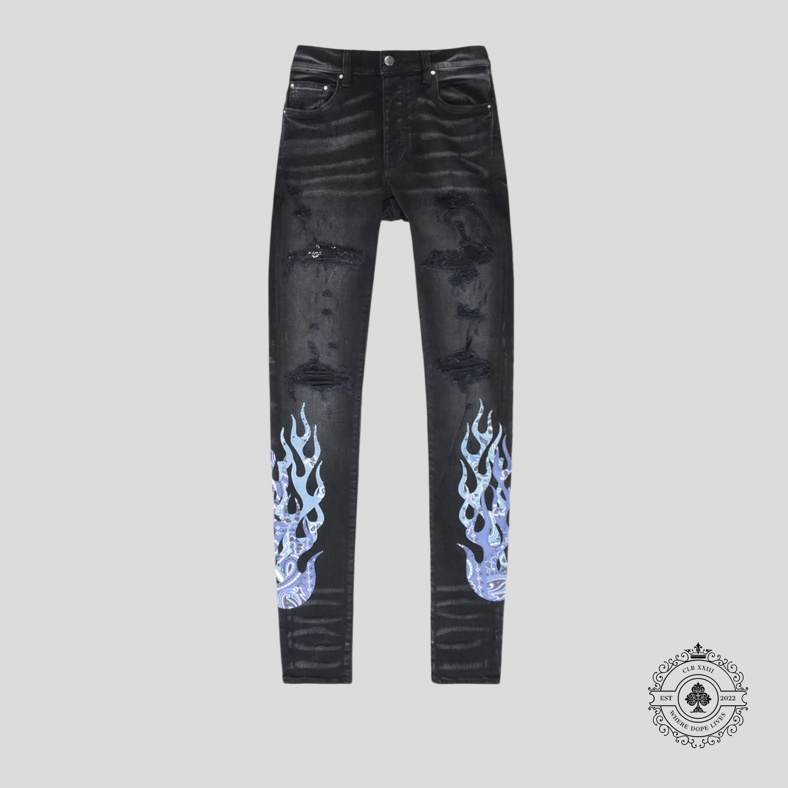 Amiri Bandana Flame Jeans in Black / Blue