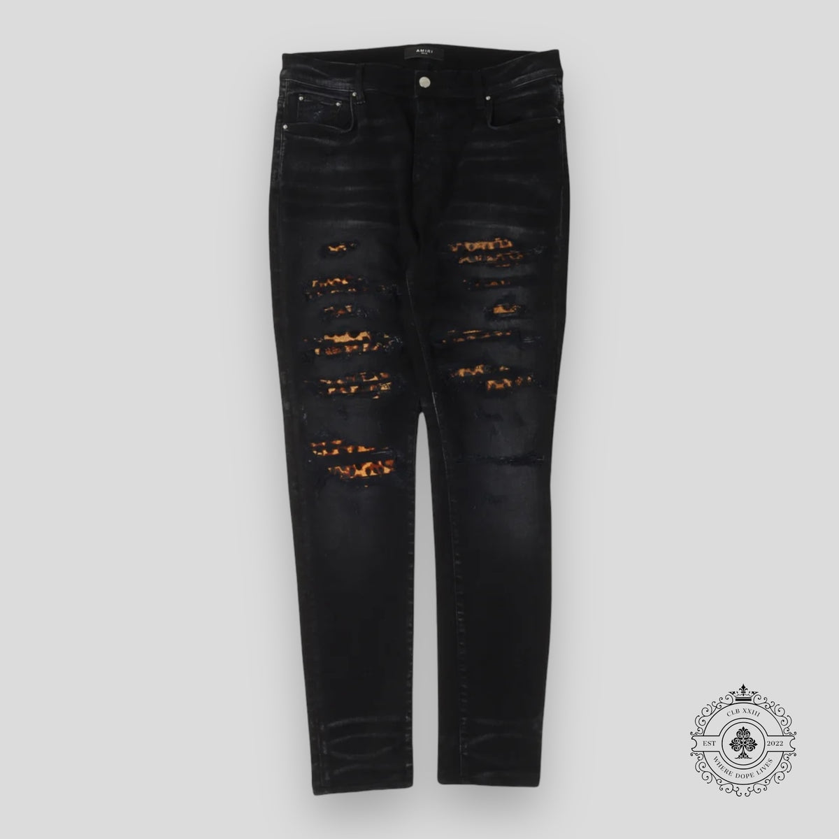 Amiri Leopard Patch Thrasher Jeans in Black