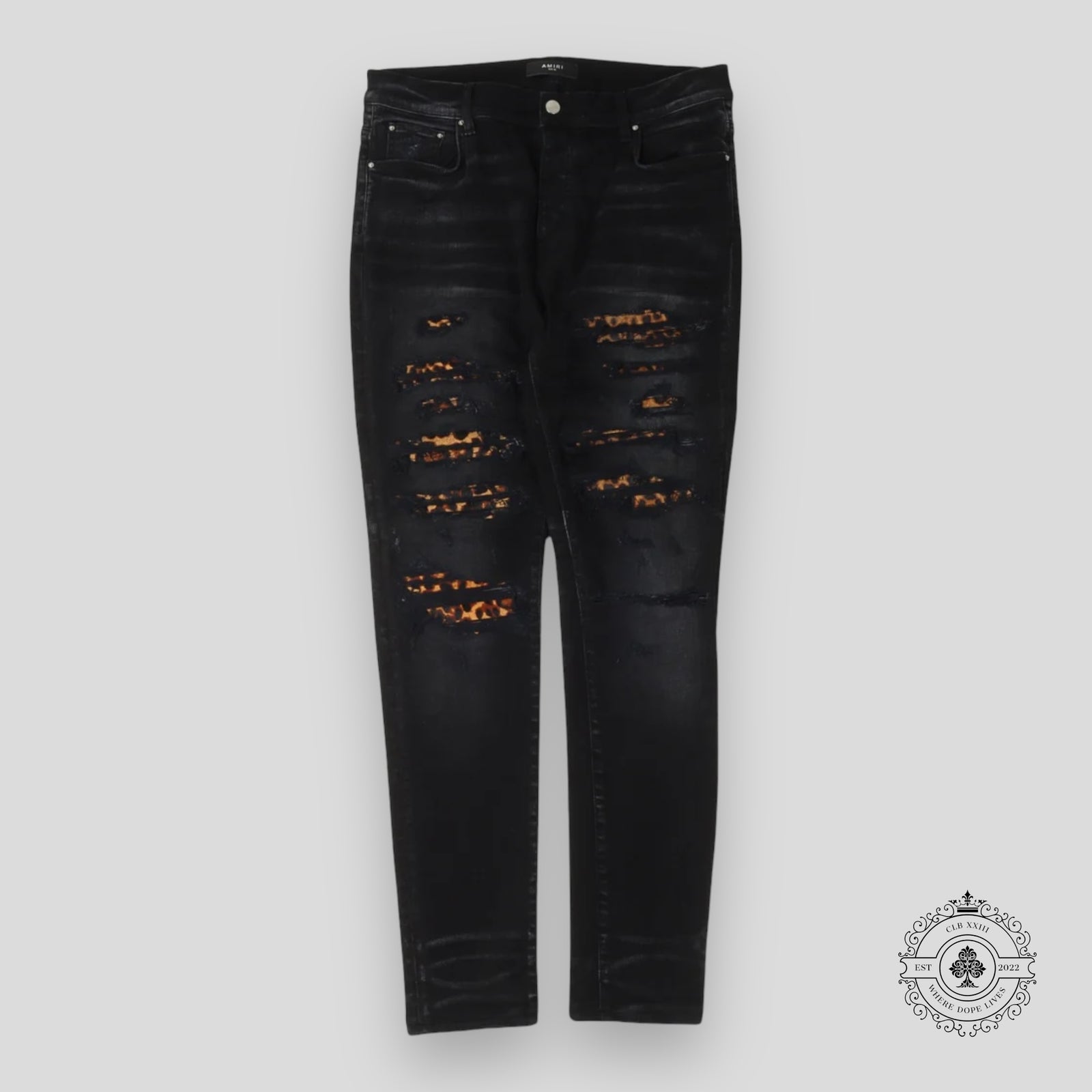 Amiri Leopard Patch Thrasher Jeans in Black
