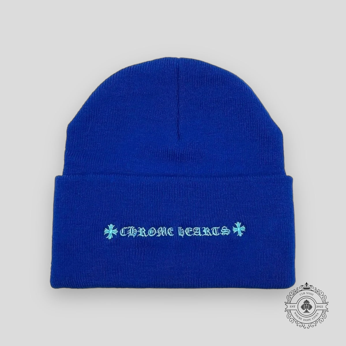 Chrome Hearts Triple Cross Embroidered Beanie in Blue