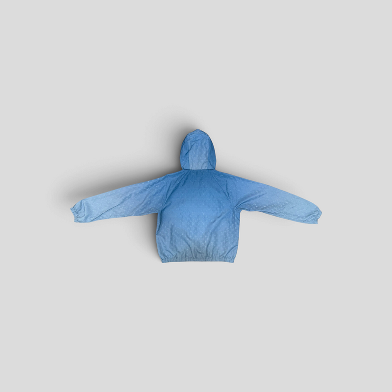CLB XXIII Louis Vuitton blue cloud print windbreaker with hood and monogram pattern, back view