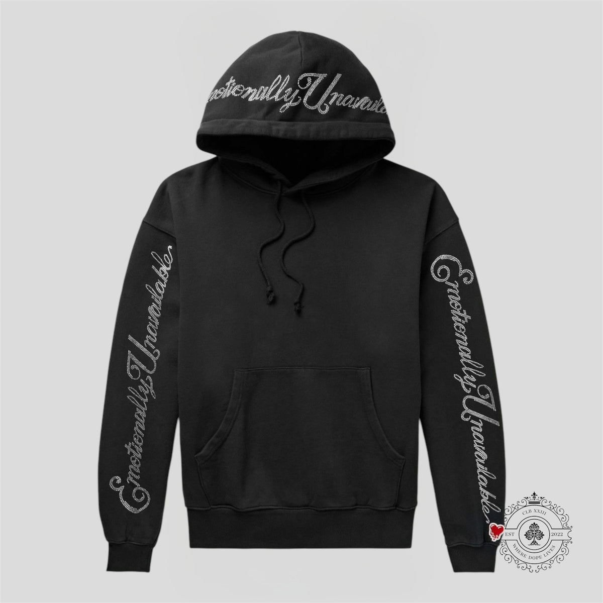 EMOTIONALLY UNAVAILABLE CRYSTAL-EMBELLISHED HOODIE