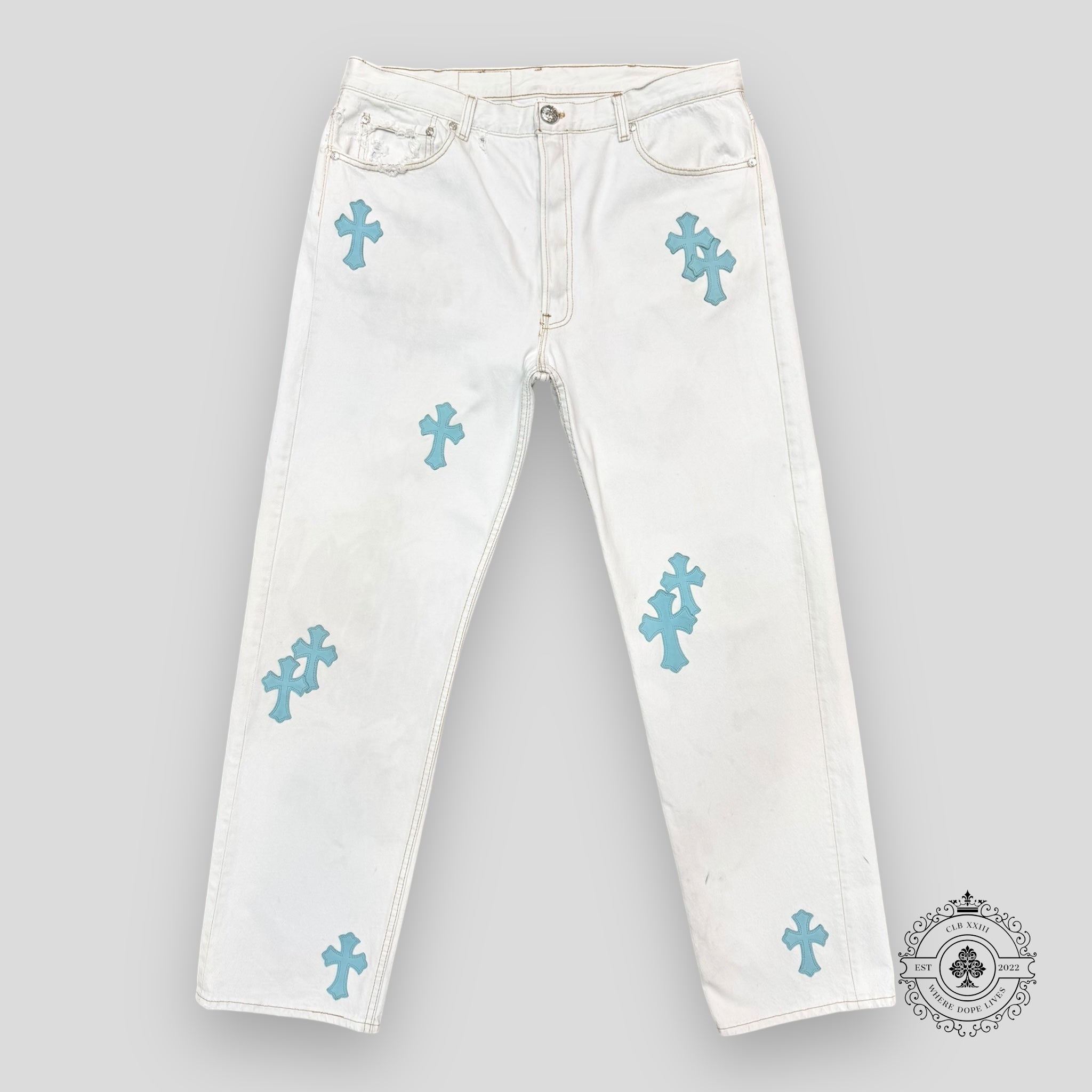 Chrome Hearts Cross Patch Jeans in White / Blue