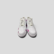CLB XXIII custom white leather Air Force 1 sneakers featuring pink Matty Boy hand graphics from Atlanta 2025 pop-up